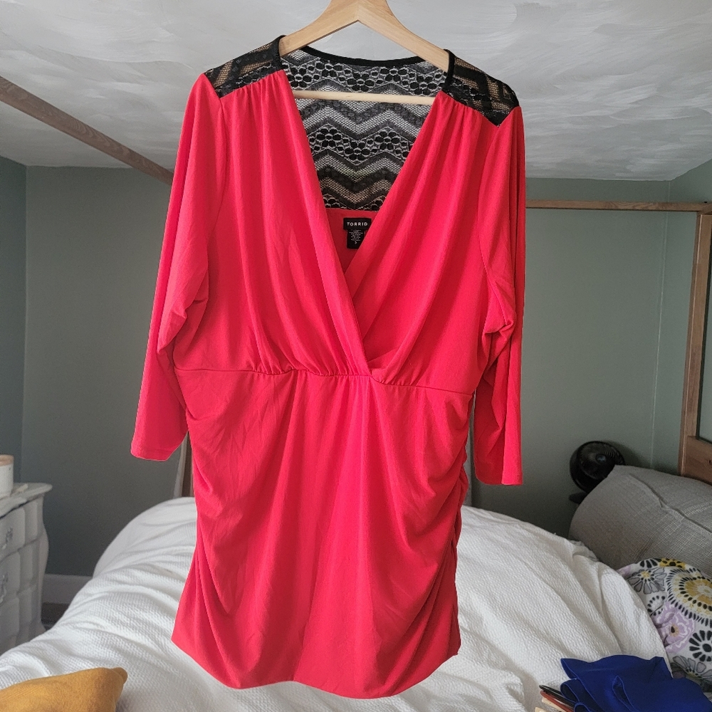 Torrid red ruched top with black lace